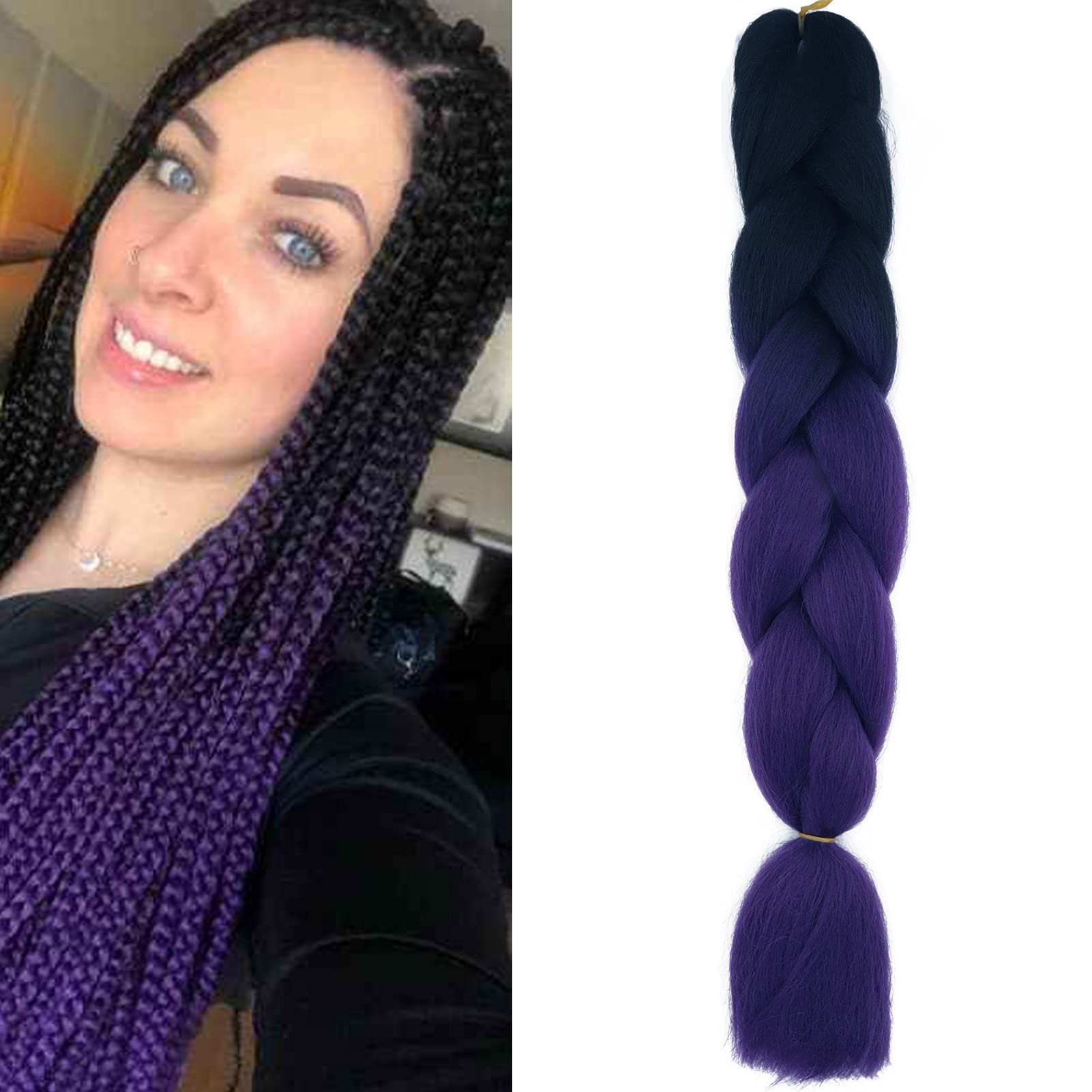 24" Braiding Hair Extension Jumbo Braids Synthetic Crochet Hair Afro Box Braid Heat Resistent (Black&Purple)
