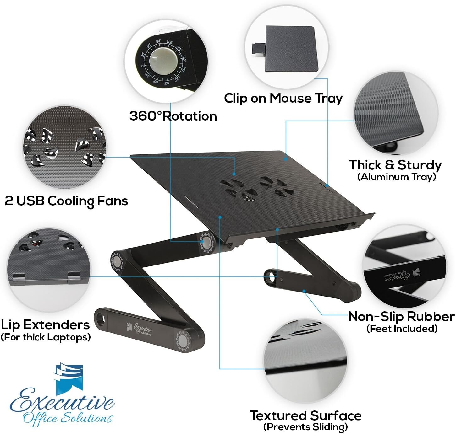 Executive Office Solutions Portable Adjustable Aluminum Laptop Desk/Stand/Table Vented w/CPU Fans Mouse Pad Side Mount-Notebook-MacBook-Light Weight Ergonomic TV Bed Lap Tray Stand Up/Sitting-Black: Computers & Accessories