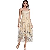 Spaghetti Straps Floral Embroidered Dress for Women Formal Flower Wedding Guest Dress Long Tulle Prom Cocktail Party Dress