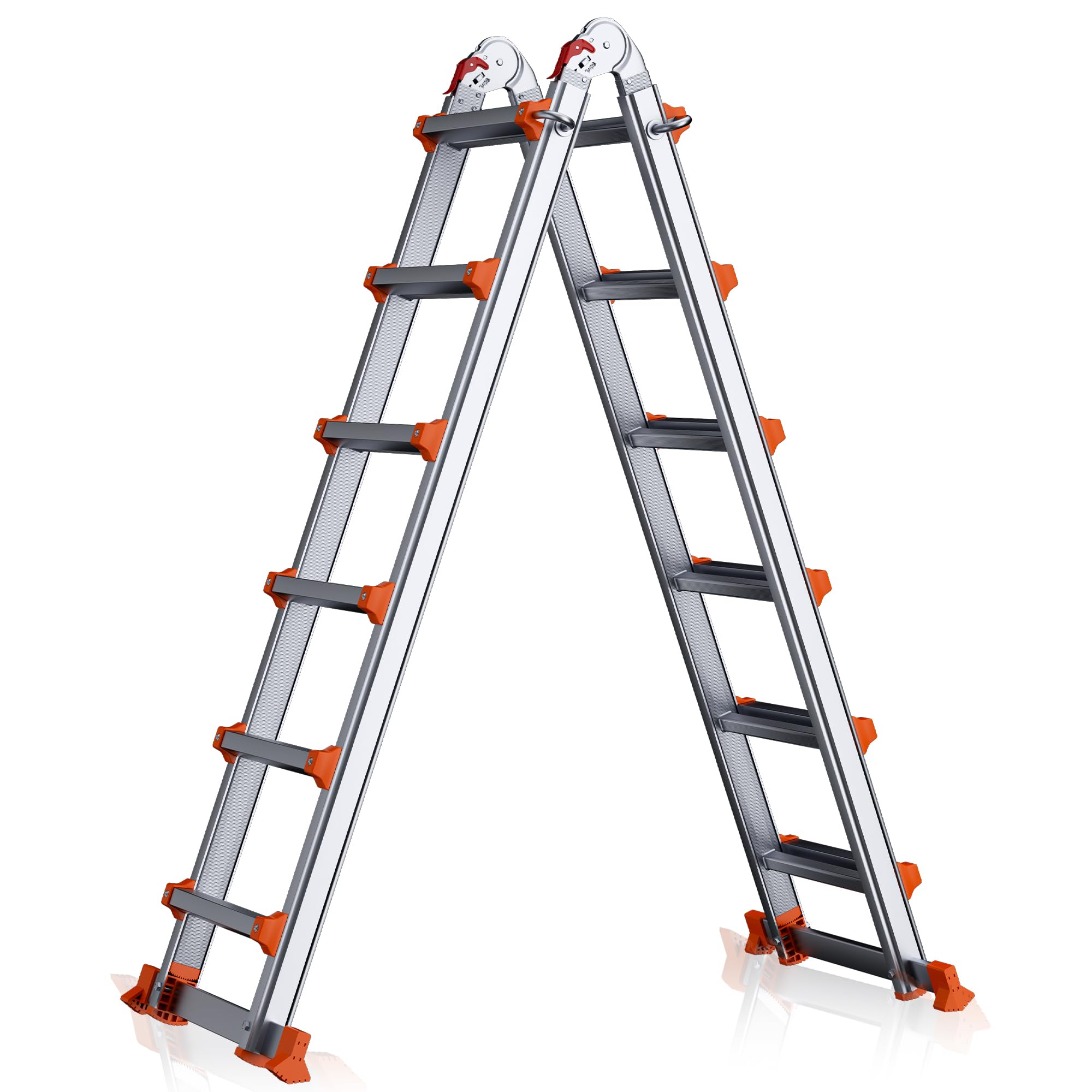 Photo 1 of 20FT Telescoping A-Frame Ladder with Stabilizer Bar, 6-Step Aluminum Folding Extension Ladder, Compact & Space-Saving for Household or Outdoor Work, 330 lbs Load, Orange
