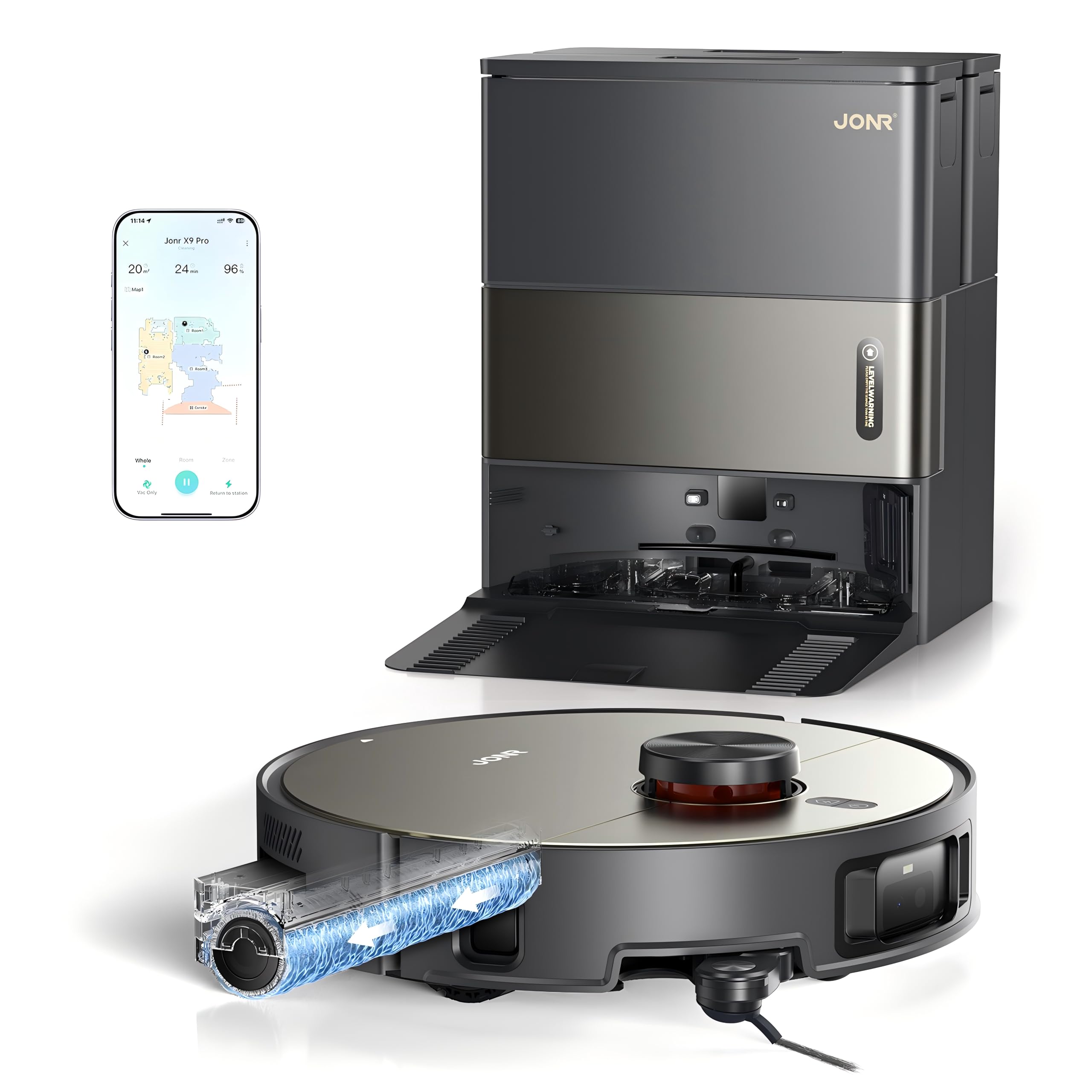JONR 20000 Pa X9 PRO Roller Wischwalze Saugroboter mit Wischfunktion, Kontinuierlicher Frischwasser-Selbstreinigung, Moppwäsche mit 40-75℃ Heißem Wasser, KI-Hindernisvermeidung. (M)