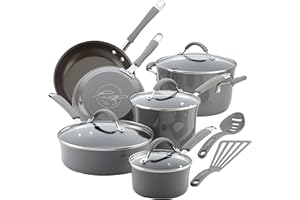 Rachael Ray - 16802 Rachael Ray Cucina Nonstick Cookware Pots and Pans Set, 12 Piece, Sea Salt Gray