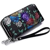Aslana Genuine Leather Double Zipped Wallet Wristlet for Women, RFID Blocking Double Zipped Floral Hand Painted Embossed Large Capacity Clutch Purse (Double Zipped - Colorful Rose)