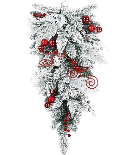 Couronne De Noël En Forme De Larme 30x65 Cm - Décoration Porte, Mur, Cheminée - Fausses Pommes De Pin, Baies - Pour Intérieur Et Extérieur