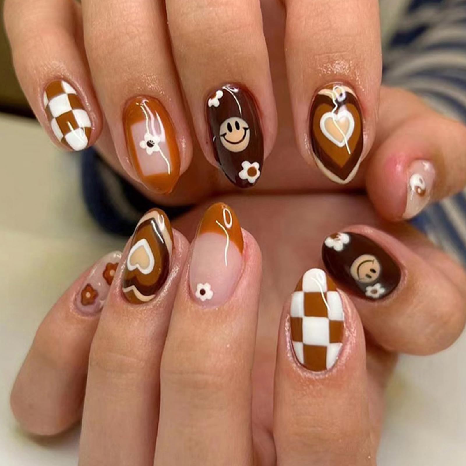 Fall Press on Nails Short Almond Fake Nails Brown French Tip False Nails with Designs Cute Flowers Hearts Acrylic Nails Full Cover Round Head Brown Glue on Nails for Women Girls Autumn Nail Art