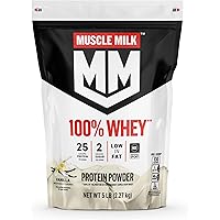 Muscle Milk 100% Whey Protein Powder, Vanilla, 5 Pound, 68 Servings, 25g Protein, 2g Sugar, Low in Fat, NSF Certified for Spo