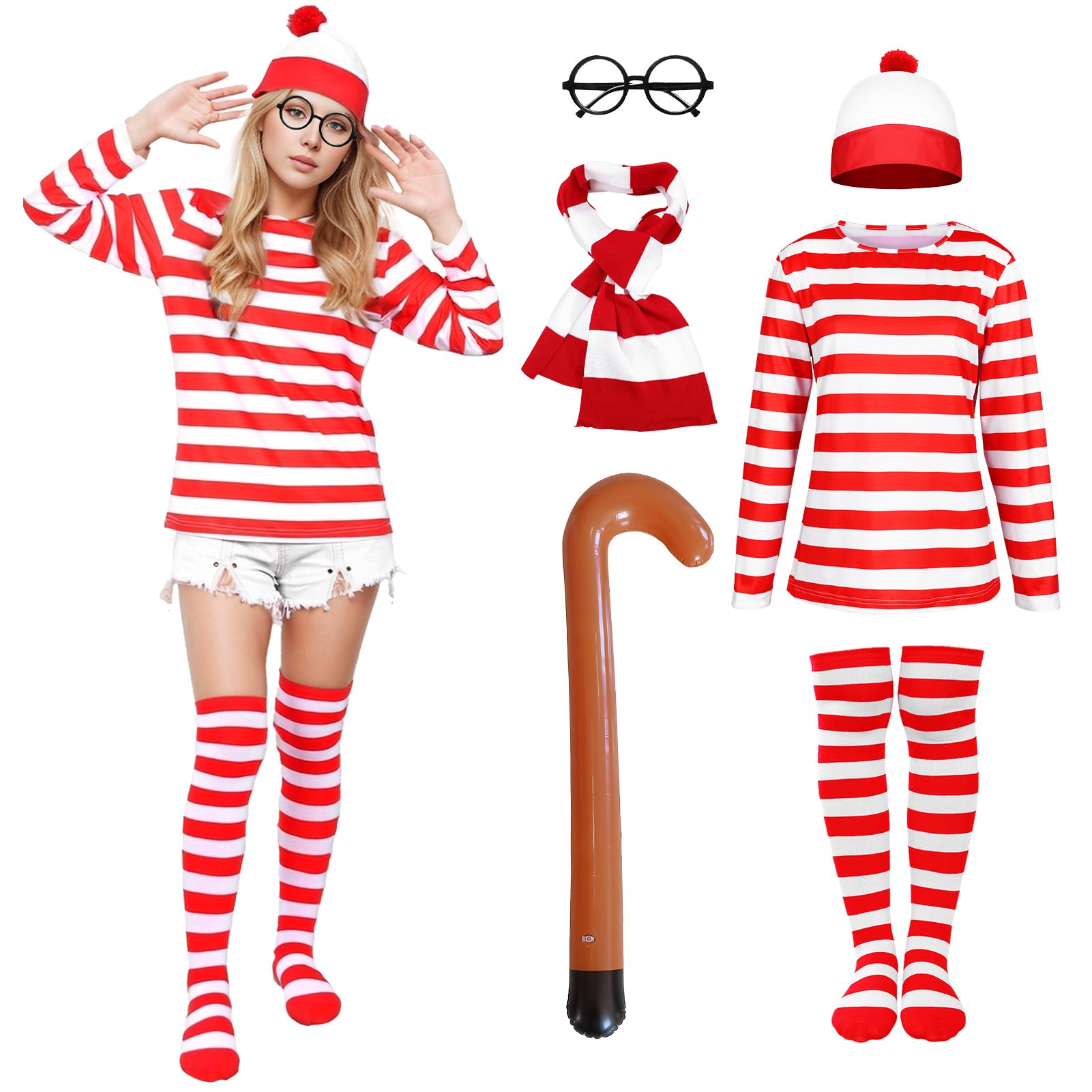 Suffolly Red and White Striped T Shirt Set for Adult 5PCS Wally Costume Hat T-shirt Cane Scarf Glasses Costume Set 90s 80s Fancy Dress Halloween Costumes for Men Women (Women, XXL) — image 1