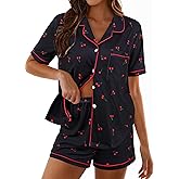 Hilinker Women's Graphic 2 Piece Pajama Set Cute Button Up Shirt and Shorts PJ Sets