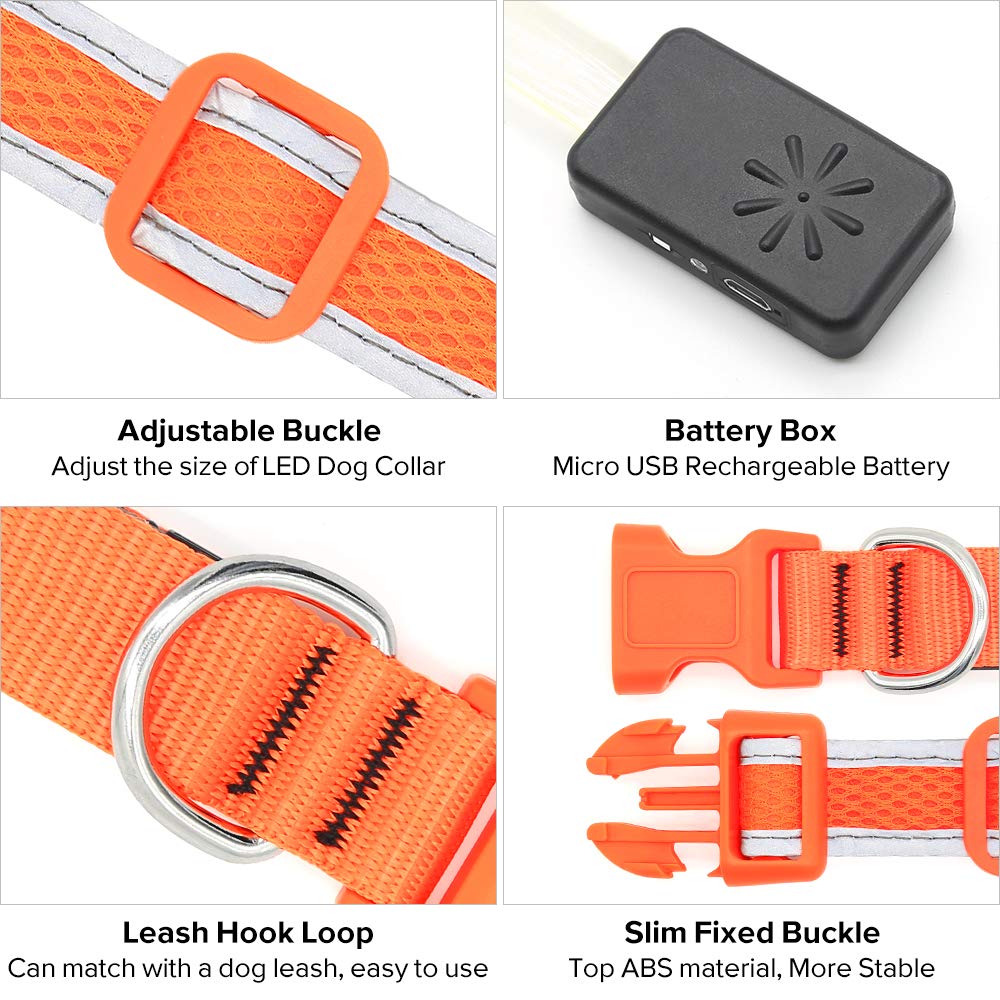 Ezier LED Dog Collar- USB Rechargeable Glow in The Dark Led Pet Collar- Light Up Dog Necklaces to Keep Your Dogs Be Seen& Safe (L, Orange)