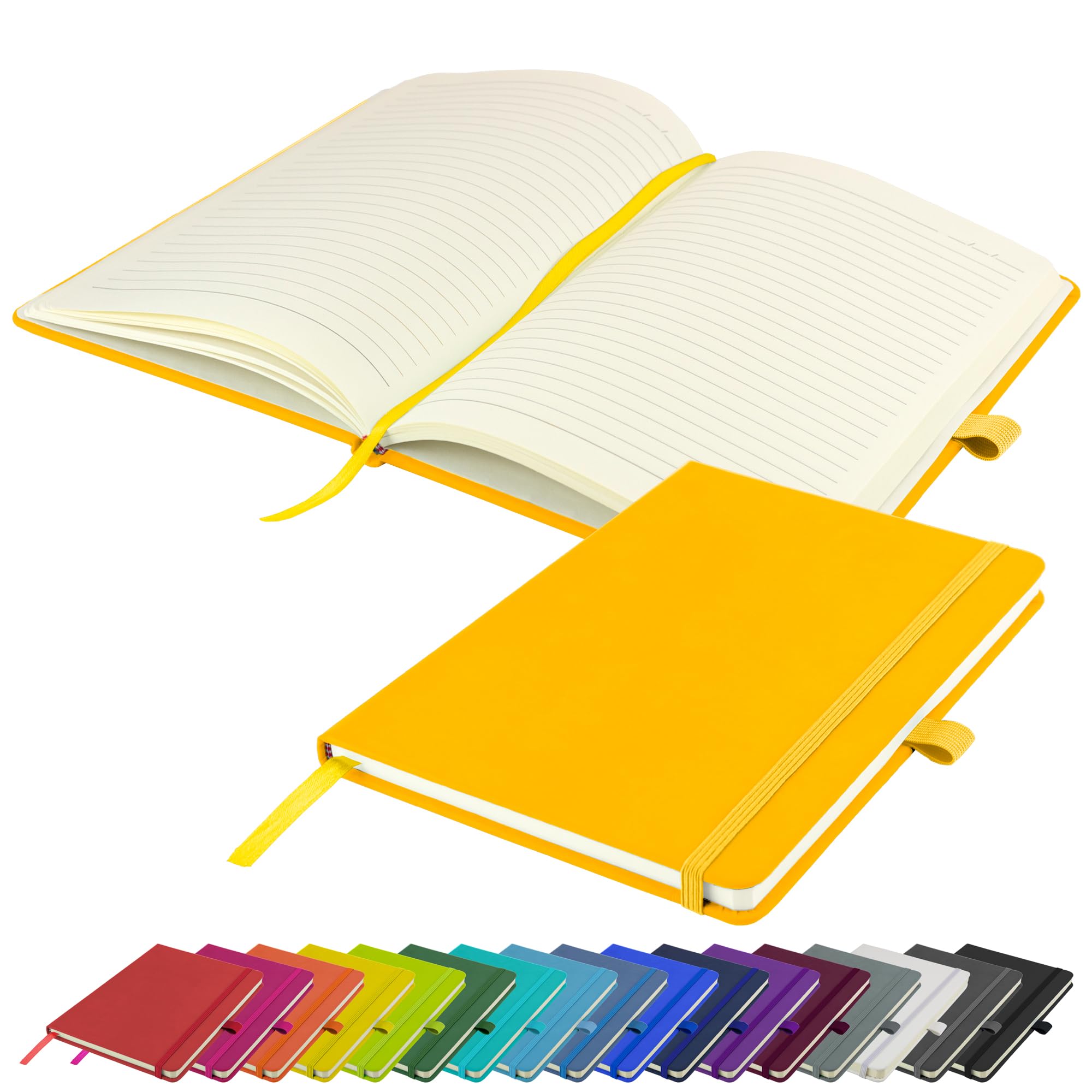 Savvy Bee A5 Notebook New Lined Hardback Journal with pen loop, elastic closure & ribbon page marker Notepad Note Book Notes Diary Pad (Yellow)