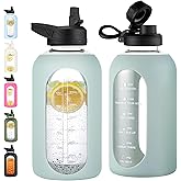 CIVAGO 64 oz Glass Water Bottle Jug with Straw and Handle, Half Gallon Sports Motivational Bottle with Time Marker and 2 Lids, Flask Canteen with Silicone Sleeve for Gym, Sage