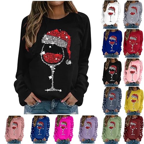 Gezqieunk Christmas Jacket Ladies Xmas Sweatshirt Christmas Jumpers for Women Uk Glitter Xmas Printed Sweatshirt Long Sleeve Crewneck Sweaters Winter Oversized Pullover Novelty Funny Graphic Tops
