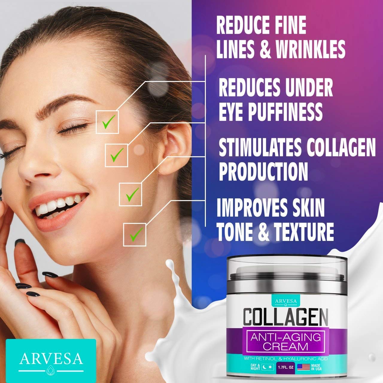 Collagen Cream - Anti Aging Face Moisturizer - Day & Night Wrinkle Cream - Boosted with Hyaluronic Acid & Vitamin A+E - Natural Firming Cream for Fine Lines & Wrinkles - Made in USA: Beauty