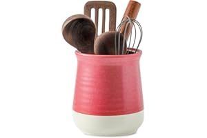 Hasense Kitchen Utensil Holder, Large Cooking Utensil Holder for Countertop, 7.1" Matte Ceramic Utensil Caddy for Kitchen Utensil, Kitchen Decor for Mother's Day Gifts, Pink