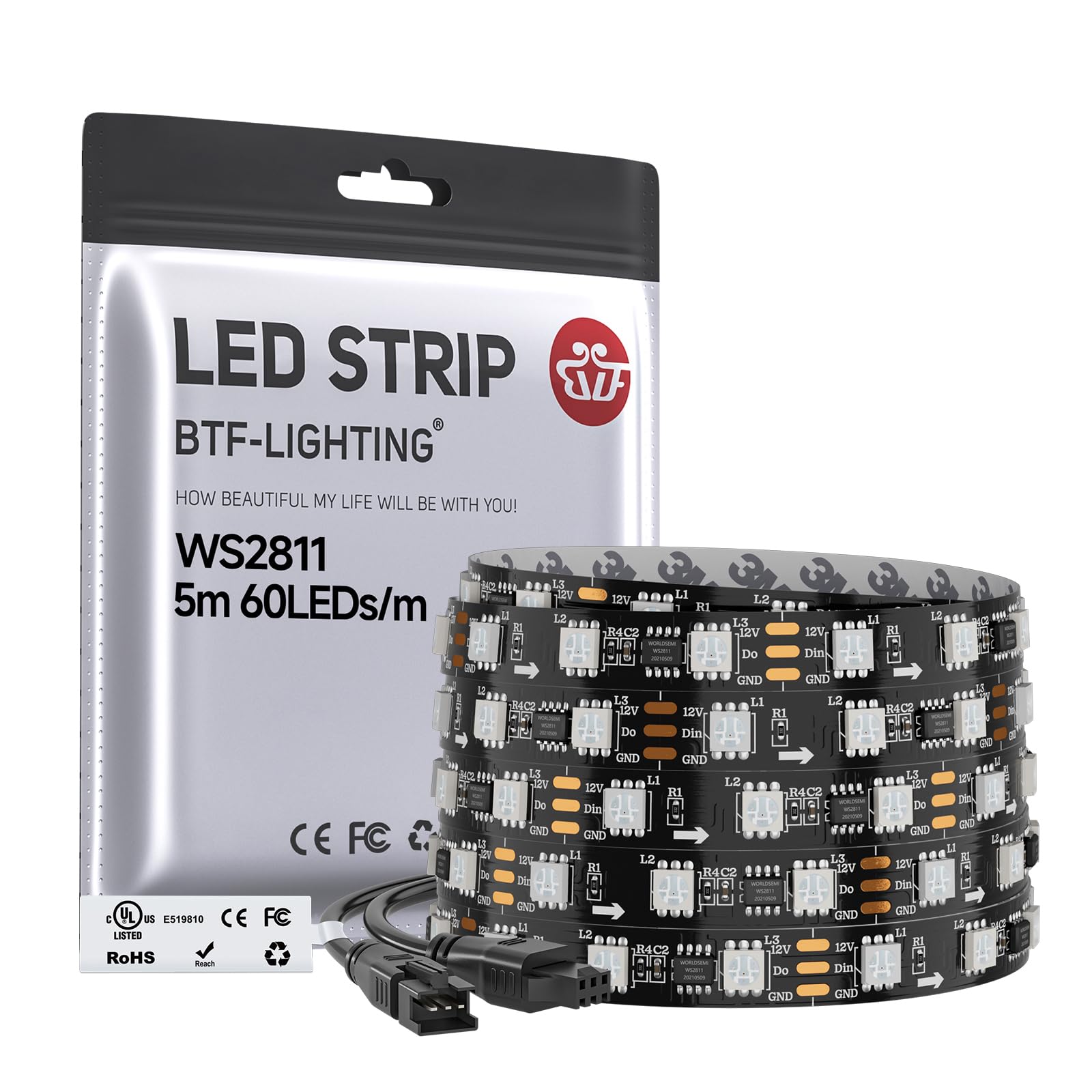 BTF-LIGHTING WS2811 IC Addressable Dream Color LED Strip 16.4FT 60LEDs/m 20Pixels/m 300LEDs 100pixels IP30 Non-Waterproof Black PCB Flexible DC12V Chasing Effect for Bedroom Desk Home Decoration