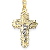 Handcrafted 10k Real Gold Crucifix Cross Pendant Necklace for Men and Women in Two Tone Yellow and White Gold with Textured Baroque Design Spiritual Catholic Jewelry Faith Symbol Fine Religious Charm