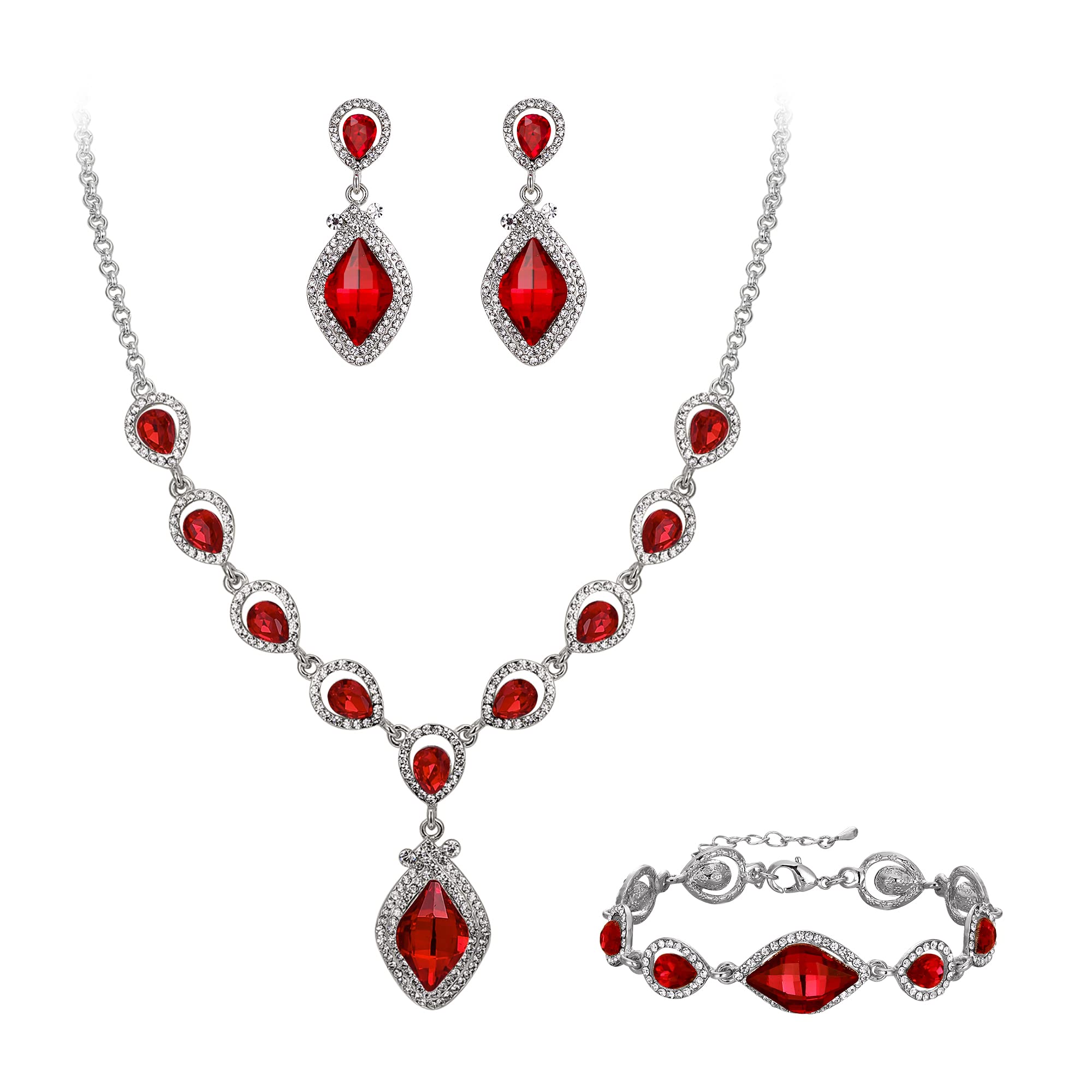 Ever Faith Red Jewellery Set for Women, Sparkly Rhinestone Crystal Vintage Art Deco Marquise Teardrop Pendant Necklace Earrinigs Bracelet Set Costume Wedding Jewelry for Brides Bridal Silver-Tone