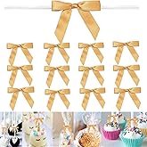 100 PCS 3 Inches Satin Bow Twist Ties, Ribbon Twist Tie Bows for Treat Bags, Gold Pretied Bows, Twist Bows, Tied Bows with Wi