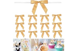 100 PCS 3 Inches Satin Bow Twist Ties, Ribbon Twist Tie Bows for Treat Bags, Gold Pretied Bows, Twist Bows, Tied Bows with Wi
