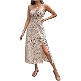 Floerns Women's Floral Print Tie Shoulder Cami Dress Ruched Bust Slit Boho Midi Dress