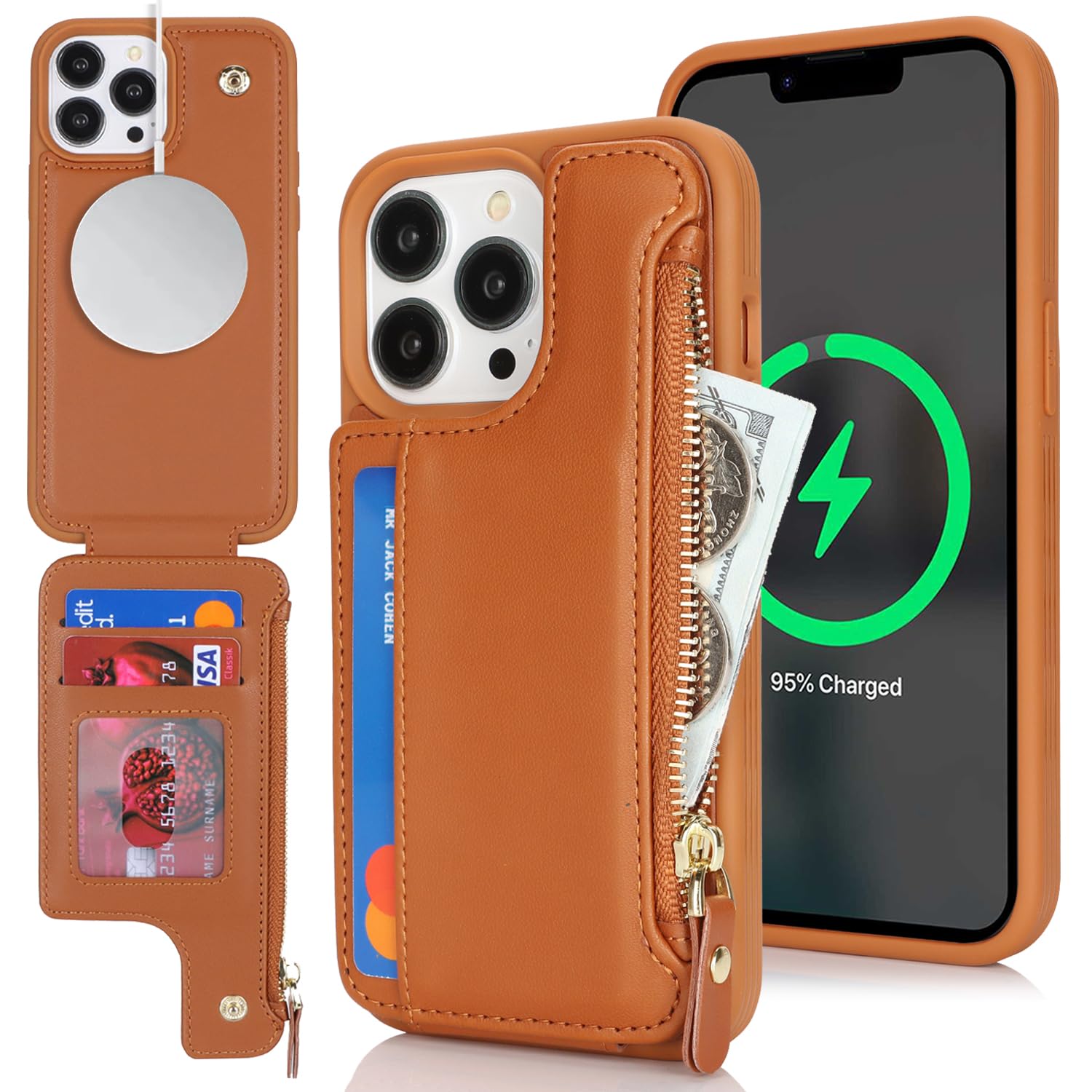 SailorTech iPhone 13 Pro Case with Credit Card Holder magsafe, iPhone 13 Pro Phone Leather Case Wallet for Women Compatible mag safe Card Slots Zipper Shockproof Case for Men - Brown