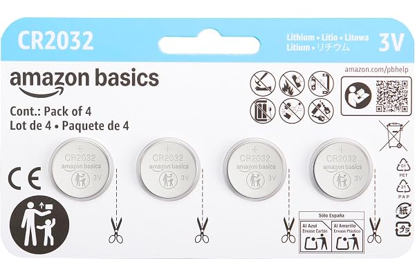 Amazon Basics CR2032 Lithium Batteries, 4-Pack, Child-Proof Package, Non-Coated - AirTag Compatible