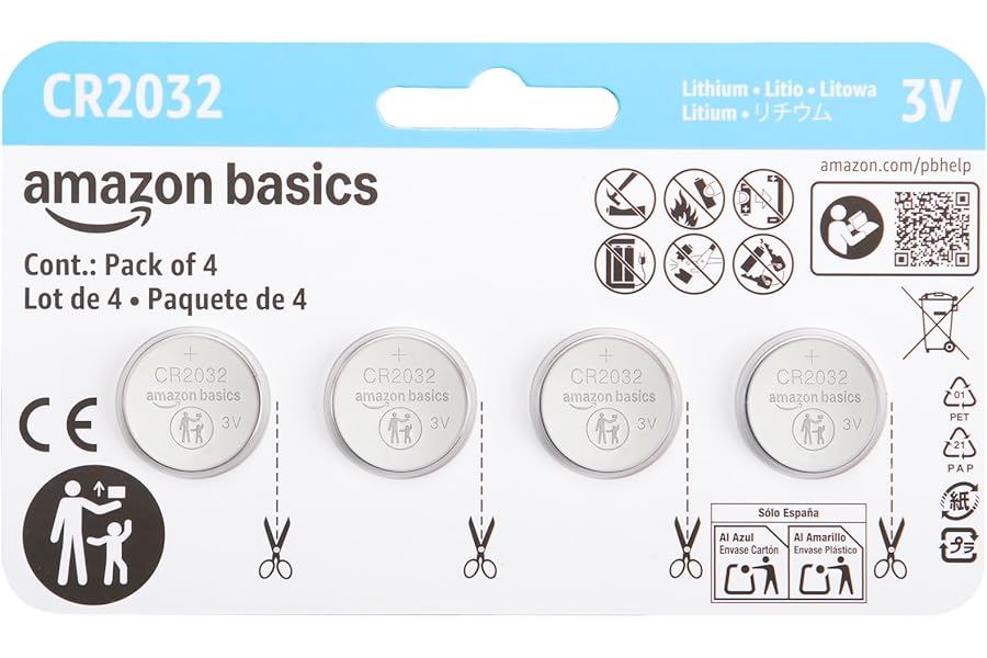 Amazon Basics CR2032 3V Lithium Coin Cell Batteries, Child-Proof Package, Non-Coated, AirTag Compatible, 4-Pack