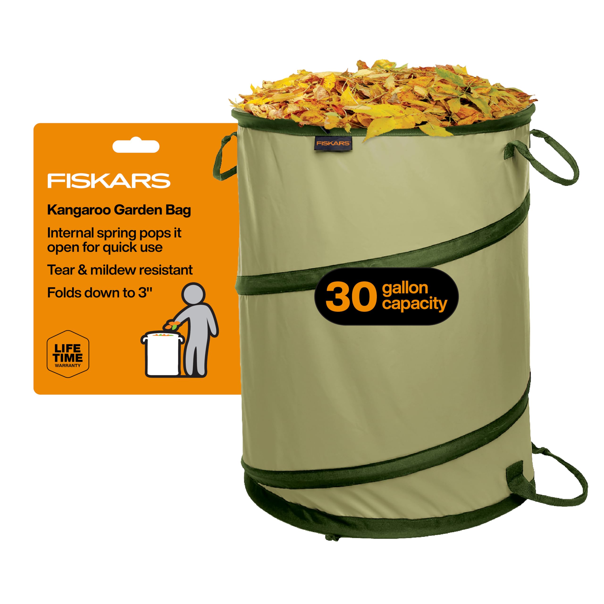 Fiskars Kangaroo Bolsa de jardín plegable con resorte para desechos de jardín, césped, ramas y malezas, poliéster recubierto de vinilo resistente al desgarro y al moho, se pliega hasta 3 pulgadas para ahorrar espacio, 30 galones