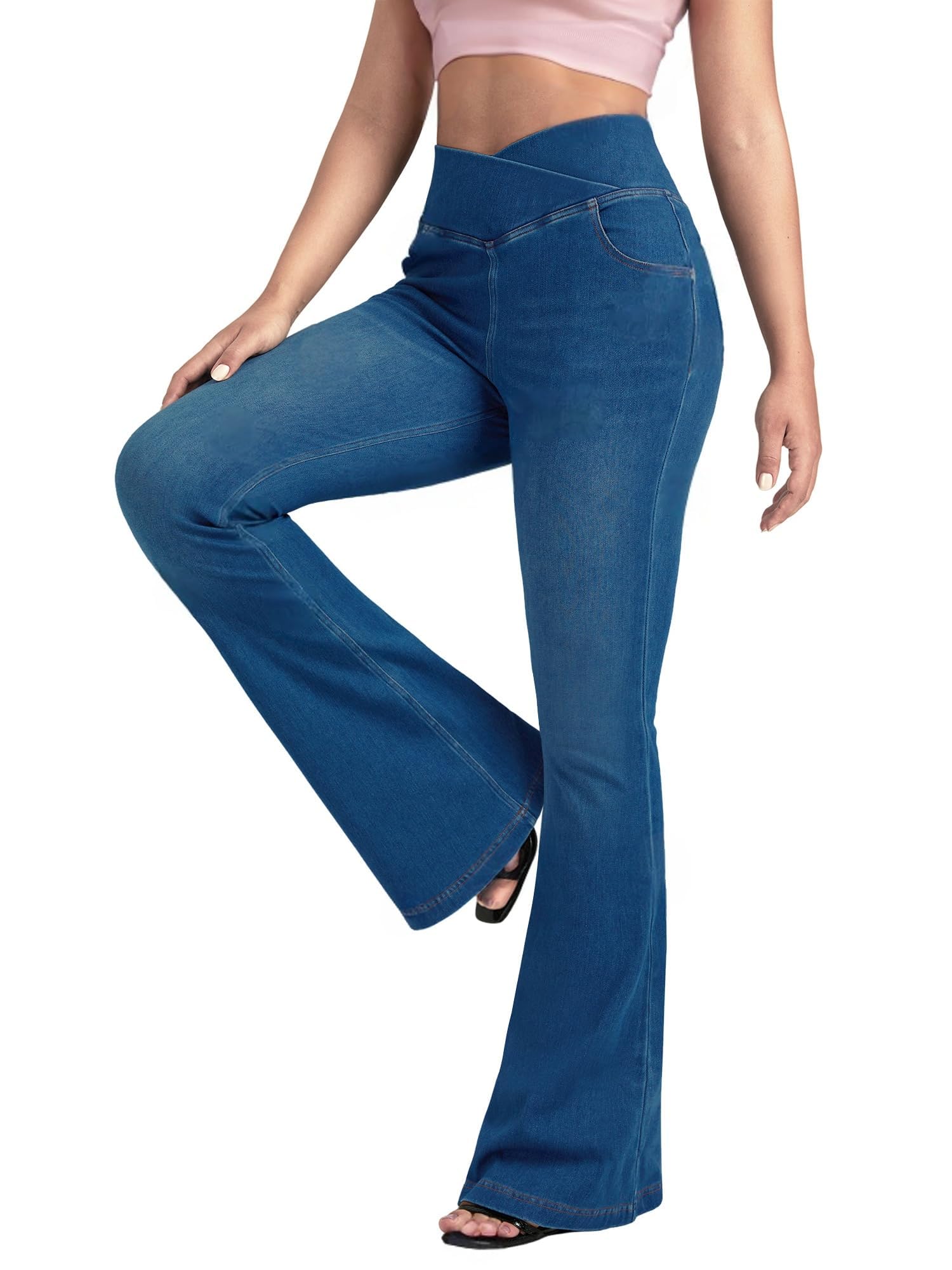 Photo 1 of BlueRose Flare Jean Leggings for Women,Bell Bottom Jeans for Women Knit Crossover High Waisted Bootcut Jean Dark Blue MEDIUM 