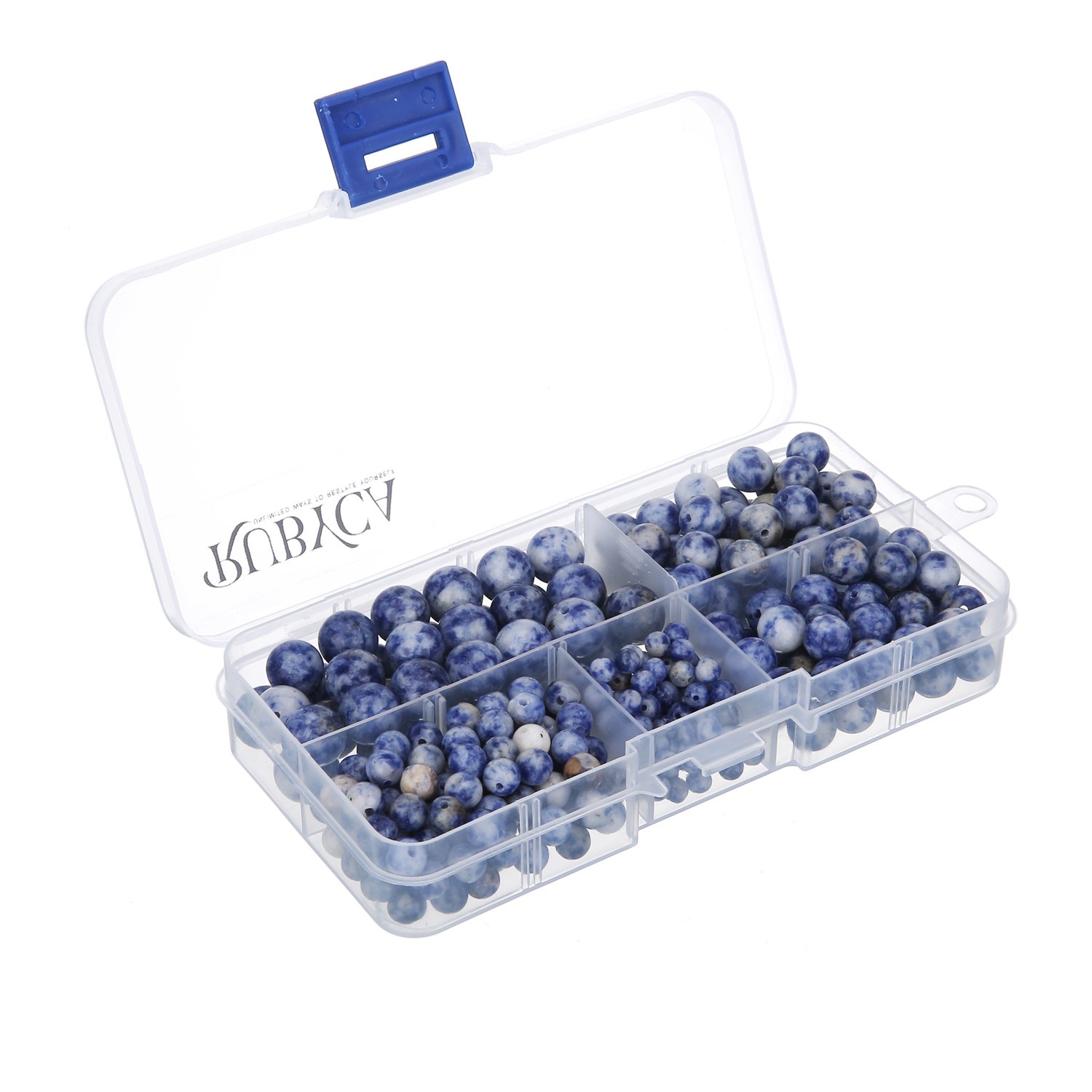 RUBYCA Natural Blue Spot Gemstone Round Loose Beads Organizer Plastic Box Jewelry Making Mix Sizes