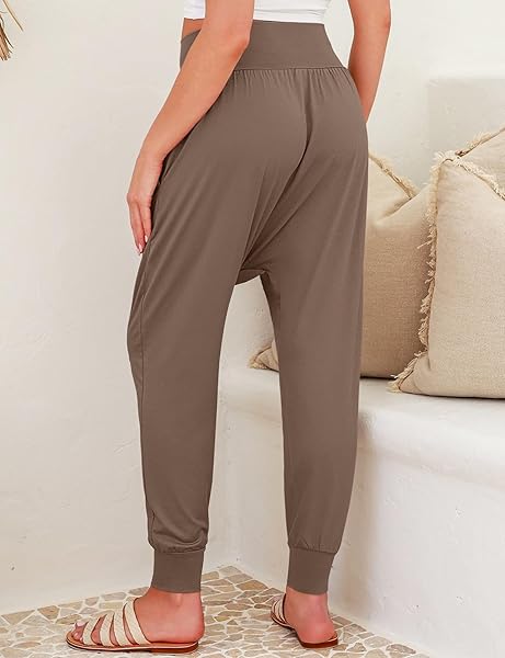 TARSE WOMEN’S COMFY HAREM PANTS LOUNGE CROSSOVER HIGH WAIST YOGA JOGGERS LOOSE WORKOUT SWEATPANTS SOFT PAJAMA PANTS WITH POCKETS LIGHTCOFFEE L