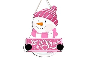 Kercan Christmas Signs for Wreaths Wall Hanging Decor, Let It Snow Wooden Hanging Sign, 9.4 × 12inch Pink Door Hanger Sign Snowman Front Door Decor (Pink and Black)
