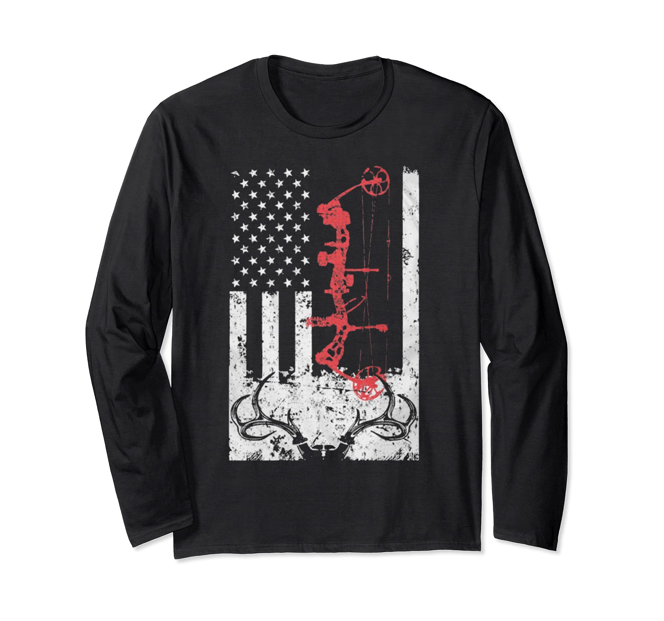 Hunting USA Hunter US Flag Patriotic 4th July Deer Bow Gift Long Sleeve T-Shirt