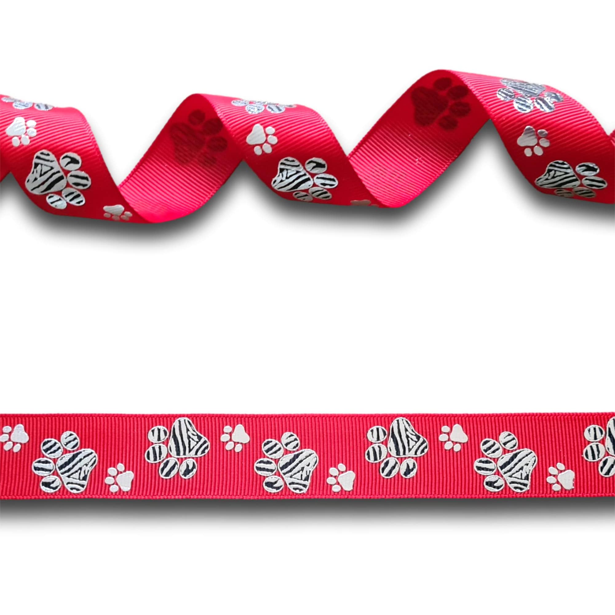 5 Yards (4.5 metres) Dog Bear Paw Print Red Black Silver Foil Grosgrain Ribbon 22mm Wide, Ideal for Craft Projects, Cakes, Scrapbooking etc.