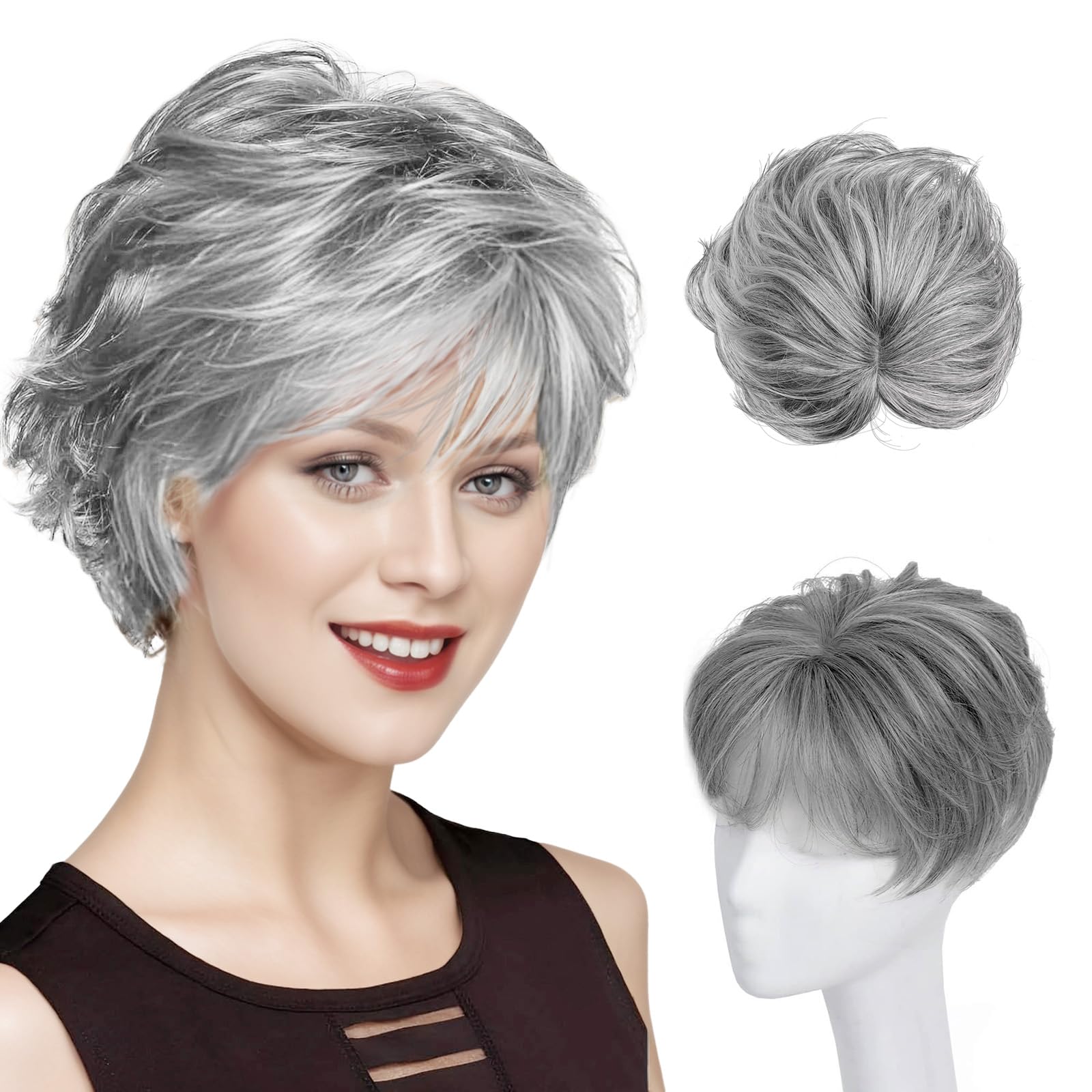 Photo 1 of CROWN GUIDE Short Pixie Cut Hair Toppers for Women with Thinning Hair - Clip-In Synthetic Topper with Bangs, 7x7 Breathable Base - Daily Wear Topper for Senior Women & Short Hairstyles (Mixed Grey)