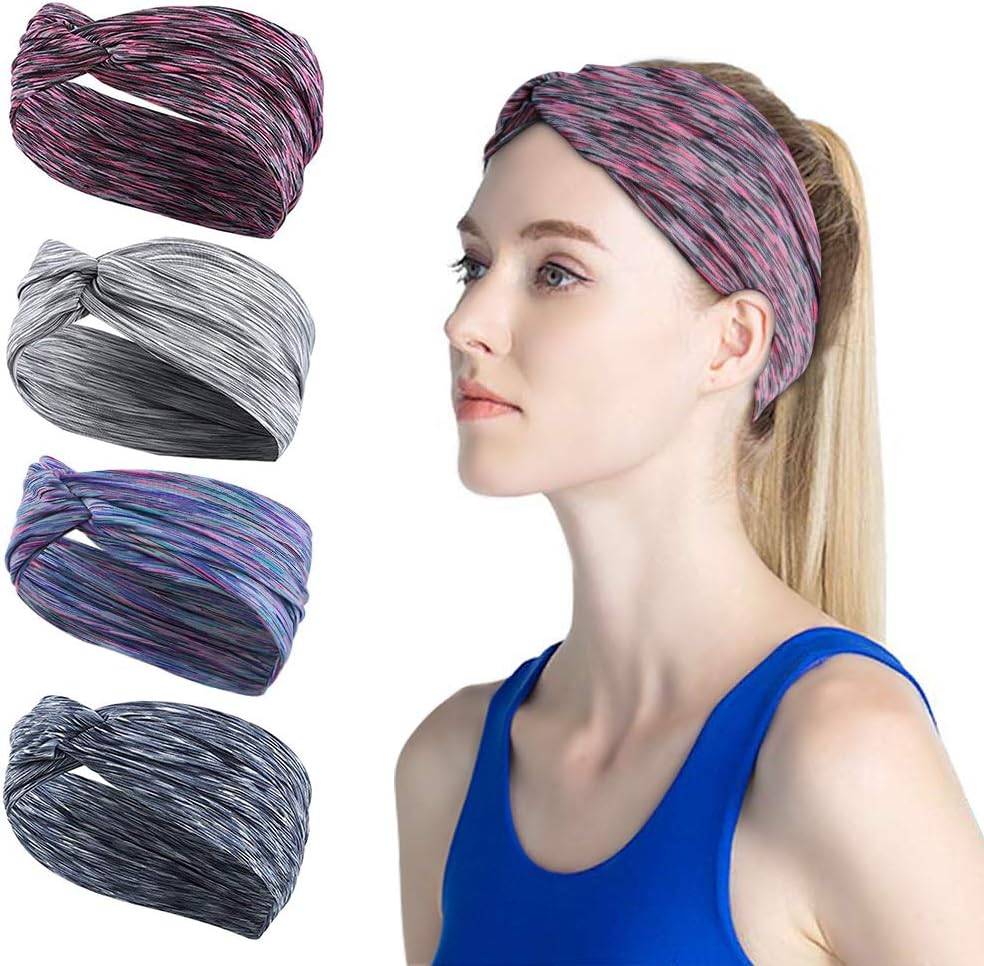 GoHZQ 4-Pack Women Sports Headband Non Slip Elastic Sweat Sports Cross Headbands for Women Girl Wicking Headband Sweatband Absorbing Moisture for Yoga,Pilates, Running,Fitness