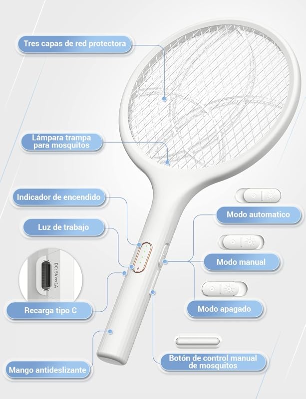 Raqueta Mosquitos Electrica 4000V Mata Mosquitos Electrico 2 en 1