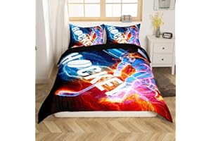 Ice Hockey Duvet Cover Full Puck Hockey Player Bed Sets For Kids Boys Girls Teens Red Blue Lightening Bedding Set Winter Spor