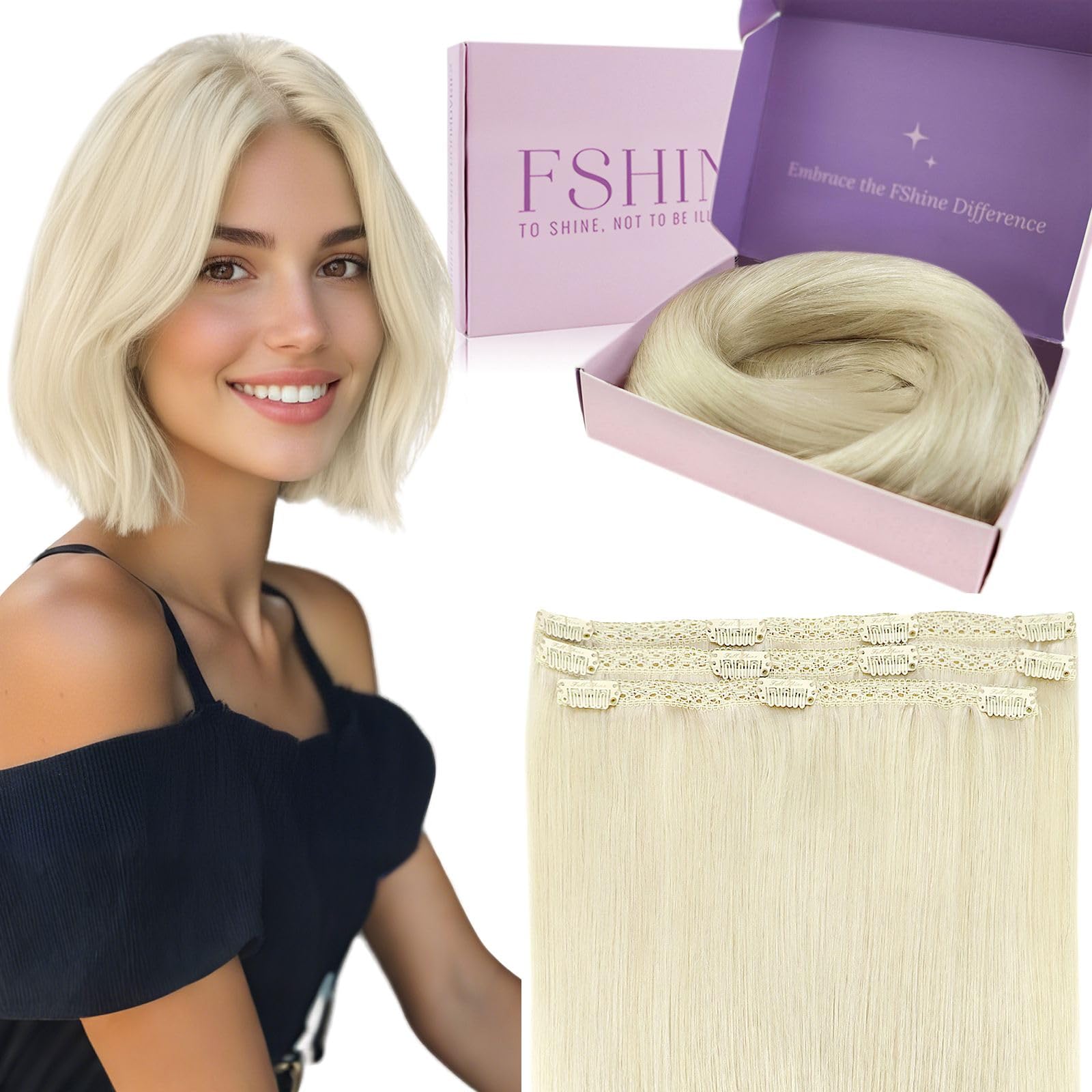 Fshine 12Inch Clip In Hair Extensions Blonde Real Human Hair Clip In Extensions Platinum Blonde Full Head Blonde Hair Extensions Clip Ins Double Weft Straight 3Pcs 50g — image 1