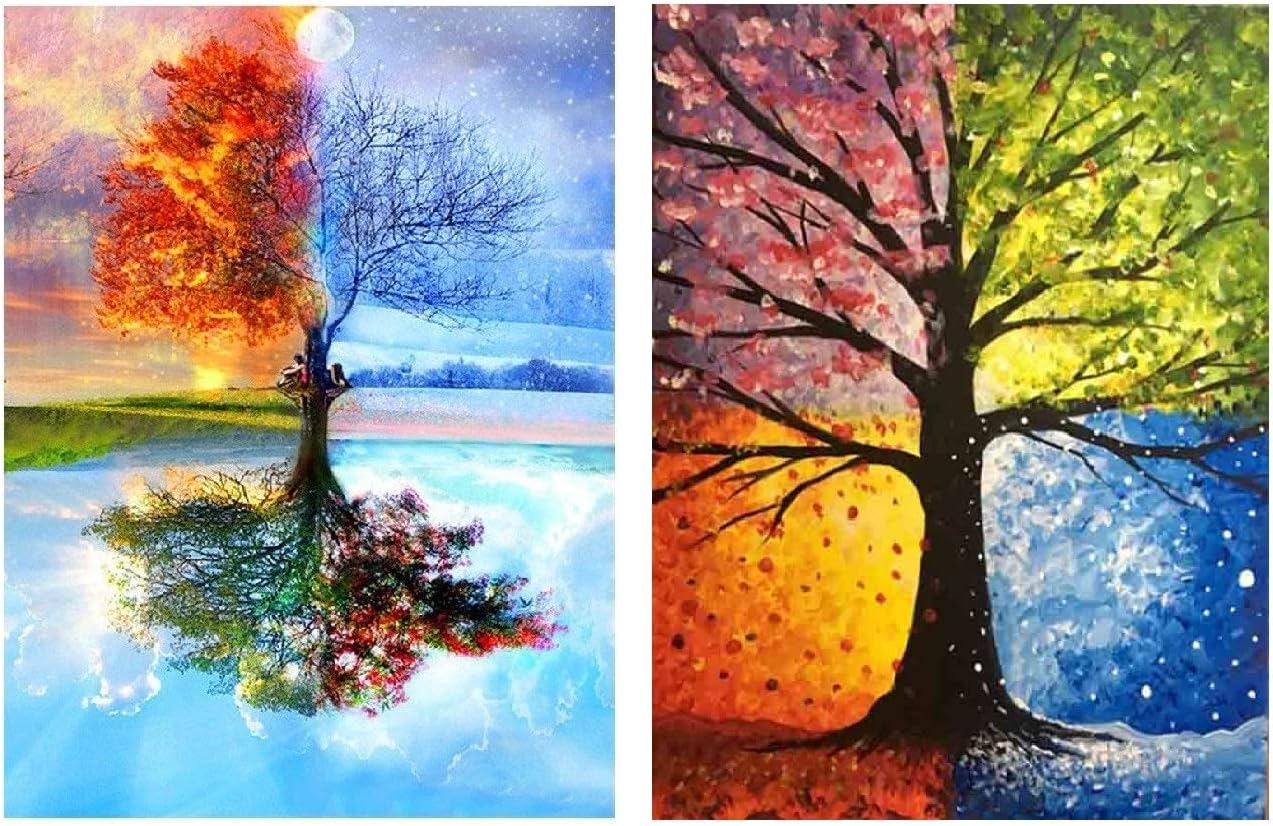 Topus 2 Packs DIY 5D Diamond Painting Set Full Drill Diamond Painting Wall Stickers for Living Room (Four Seasons Tree)