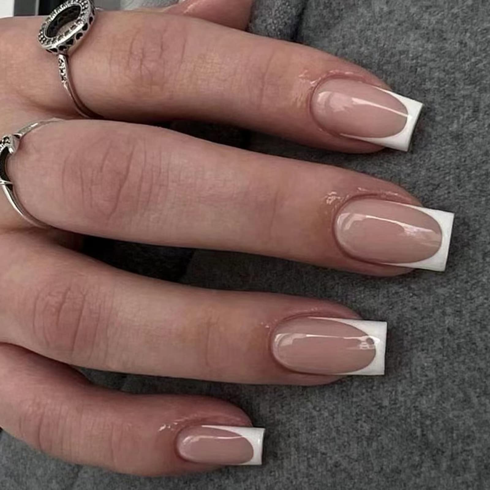 Ceboic 24Pcs French False Nails Square Short, Glossy Nude Press on Nails with White Border Designs, Fake Nails Acrylic Full Cover Stick on Nails for Women Girls Daily Wear Salon Variety Pack