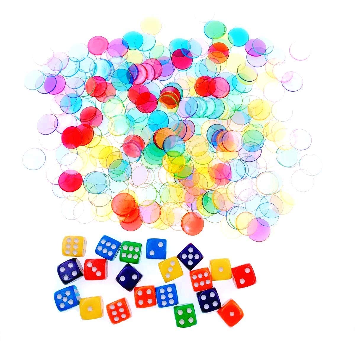JZK 300x Multicolor Plastic Transparent Counters 19mm + 20x Spot Dice, Bingo Chips Markers for Bingo Game
