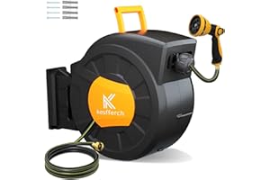 KESFFERCH Retractable Hose Reel, 1/2 Inch x 98 FT Compact Water Hose Reel Wall Mounted Garden Hose Reel with 10 Pattern Nozzles, Any Length Lock, Slow Rewind Storage, 180°Swivel Bracket