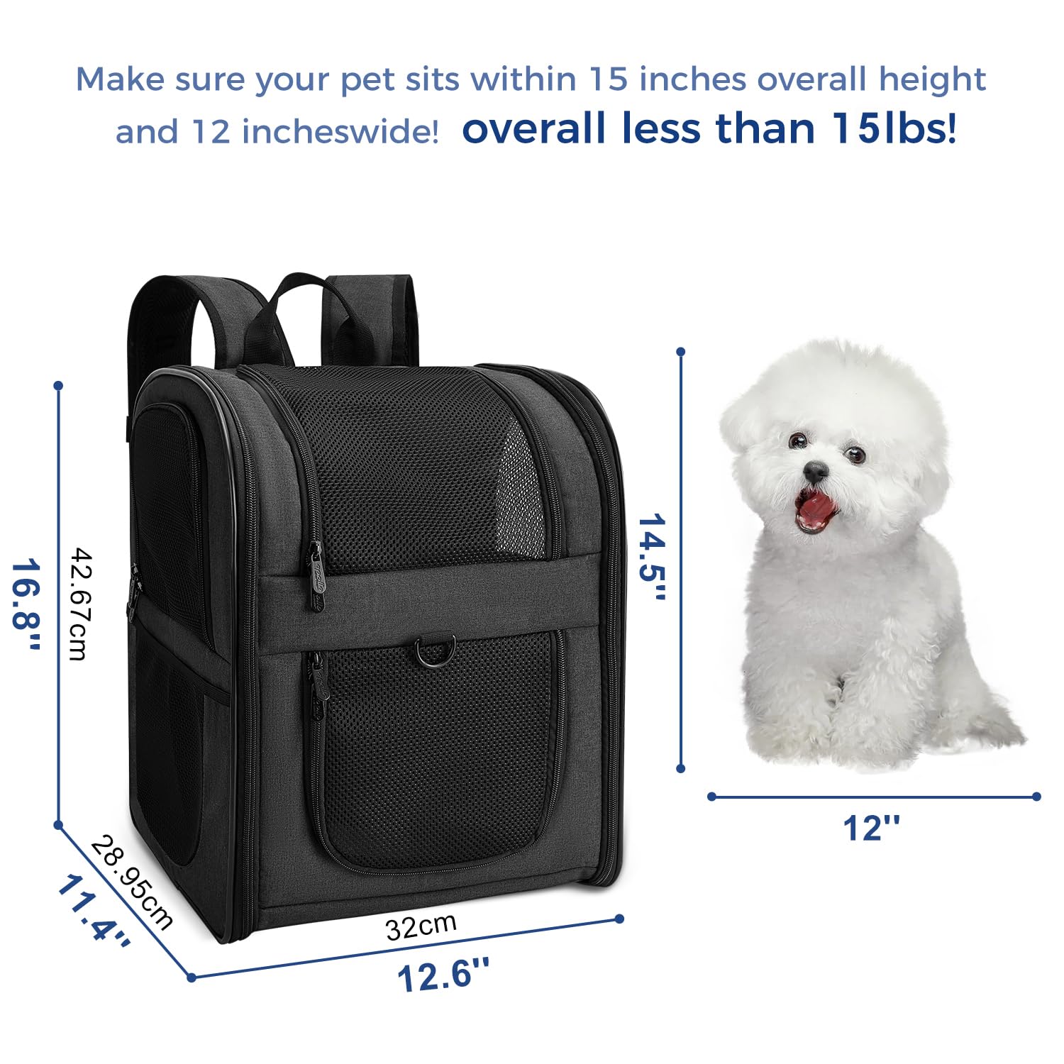 Apollo Walker Dog & Cat Carrier Backpack for 4-15lb Pets - Ventilated Safe Design with Padded Back Support, Breathable Mesh Pet Backpack for Hiking, Travel, Outdoor (Black)