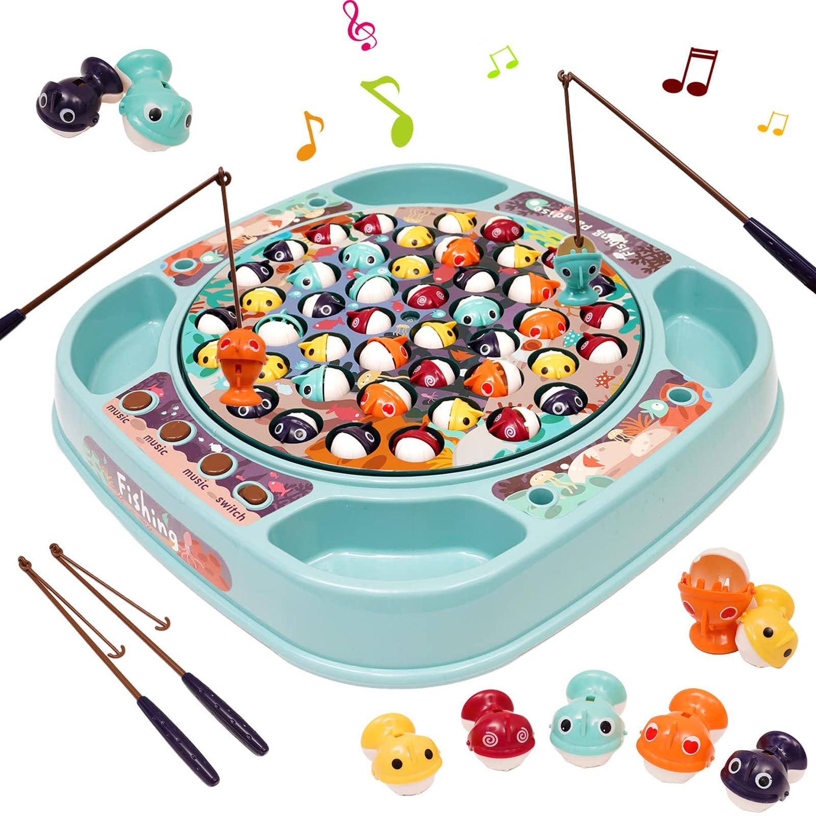 Nukdey Fishing Game Musical Fishing Toy for Kids with 45 Fishes 4 Fishings Poles Rotating Board Games Fish Catching Game Bath Toys Learning Educational Gift for Kids Boys Girls 3 4 5 6