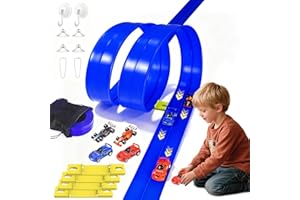 VLKSLASY 20 Ft Flexible Race Track for Kids, Anti Gravity Car Track Set, Flex Race Car Ramp Track with Suction Cups & 360° Fixed Groove- Rolls Up Portable DIY Race Track with Storage Bag (Dark Blue)
