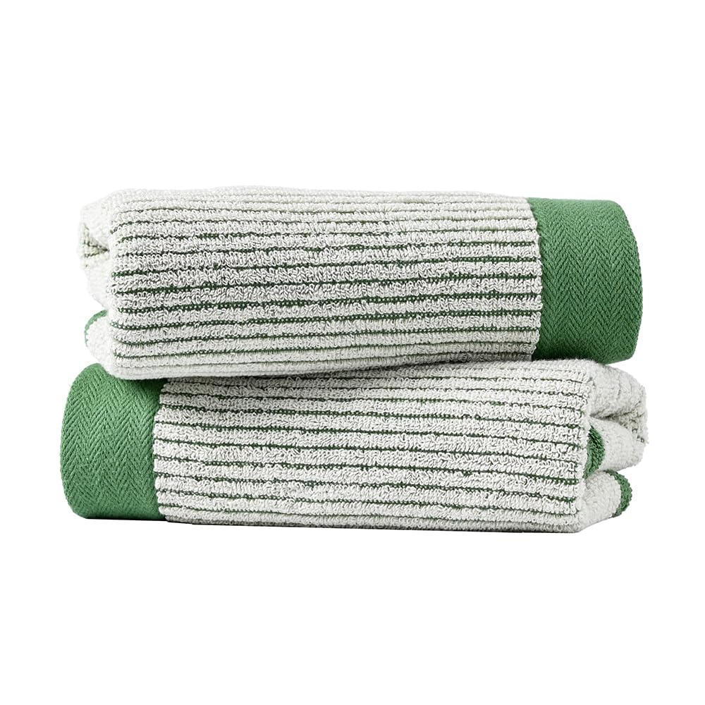 sense gnosis Hand Towels Set of 2 100% Cotton Absorbent Beige Ribbed Striped Green Border Decorative Bath Hand Towels for Bathroom Gym Camping
