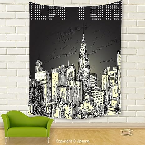 Amazon Co Jp Vipsung家インテリアタペストリー ニューヨークdecorグランジpopアートスタイルレトロnyc Sky With Iconic Empire States Building City Printグレーイエロー Wall Hangingの寝室リビングルーム寮 ホーム キッチン