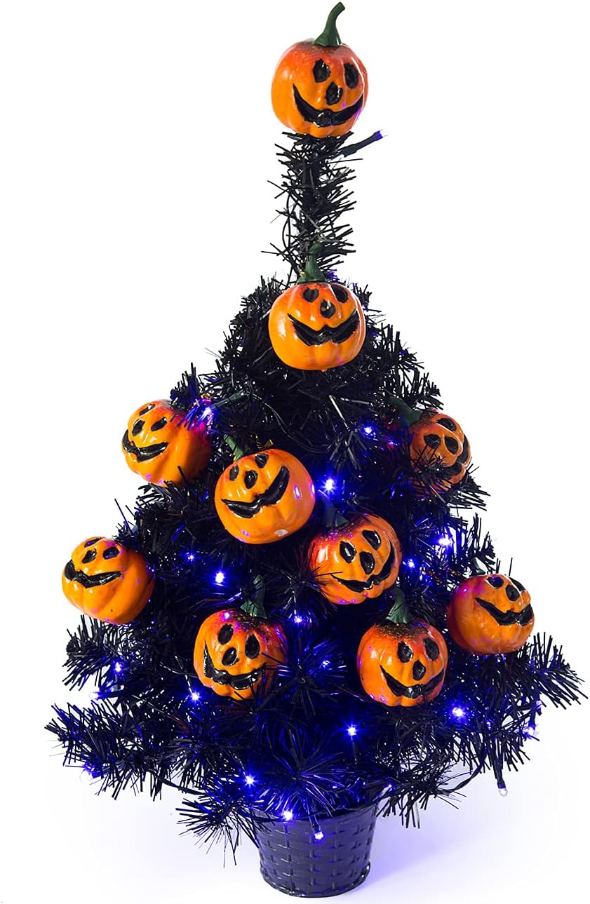Trees - Sunnyglade 21.6” 30 LED Halloween Black Spooky Tree Glittered with Purple Lights & 12 Pumpkin Decorations,Battery Powered for Halloween Indoor Tabletop Decoration