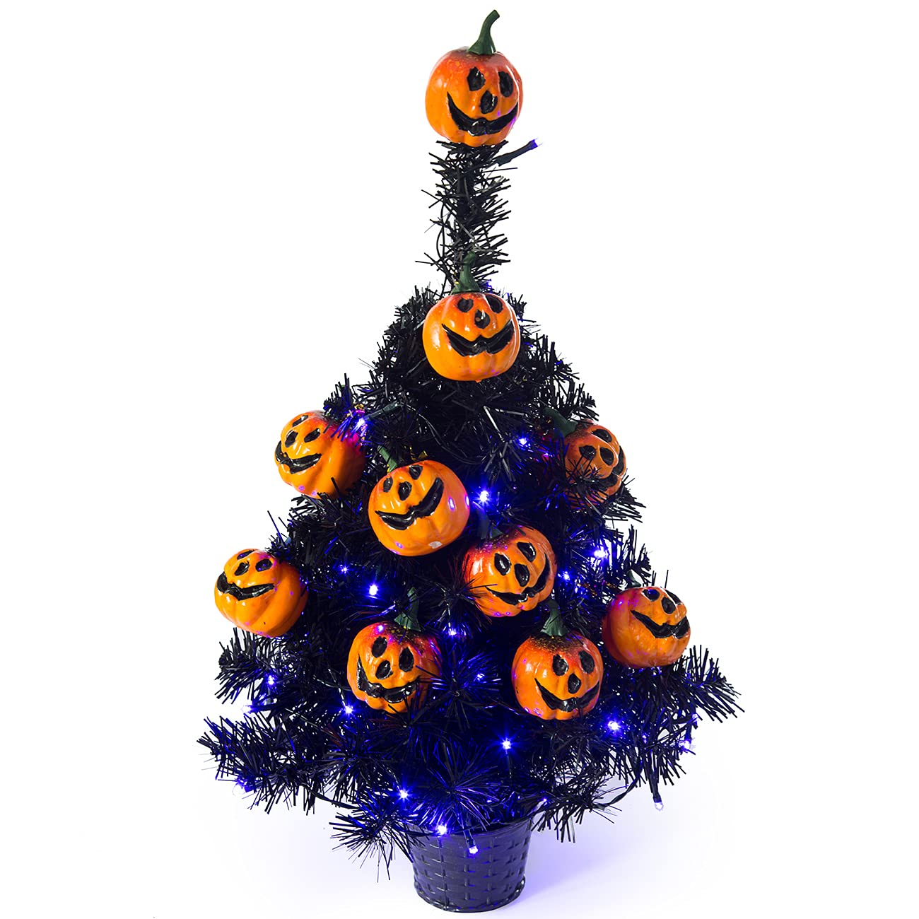 Photo 1 of (used)(minor damage) Sunnyglade 21.6” 30 LED Halloween Black Spooky Tree Glittered with Purple Lights & 12 Pumpkin Decorations